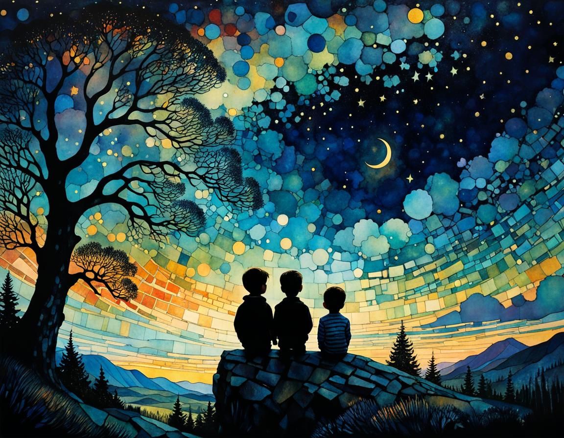 Children Gazing at Starry Sky in Whimsical Illustration