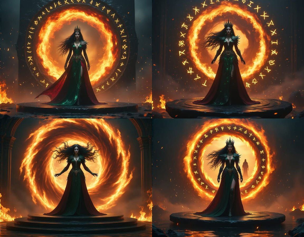Witch-Queen on Obsidian Platform Amidst Golden Runes