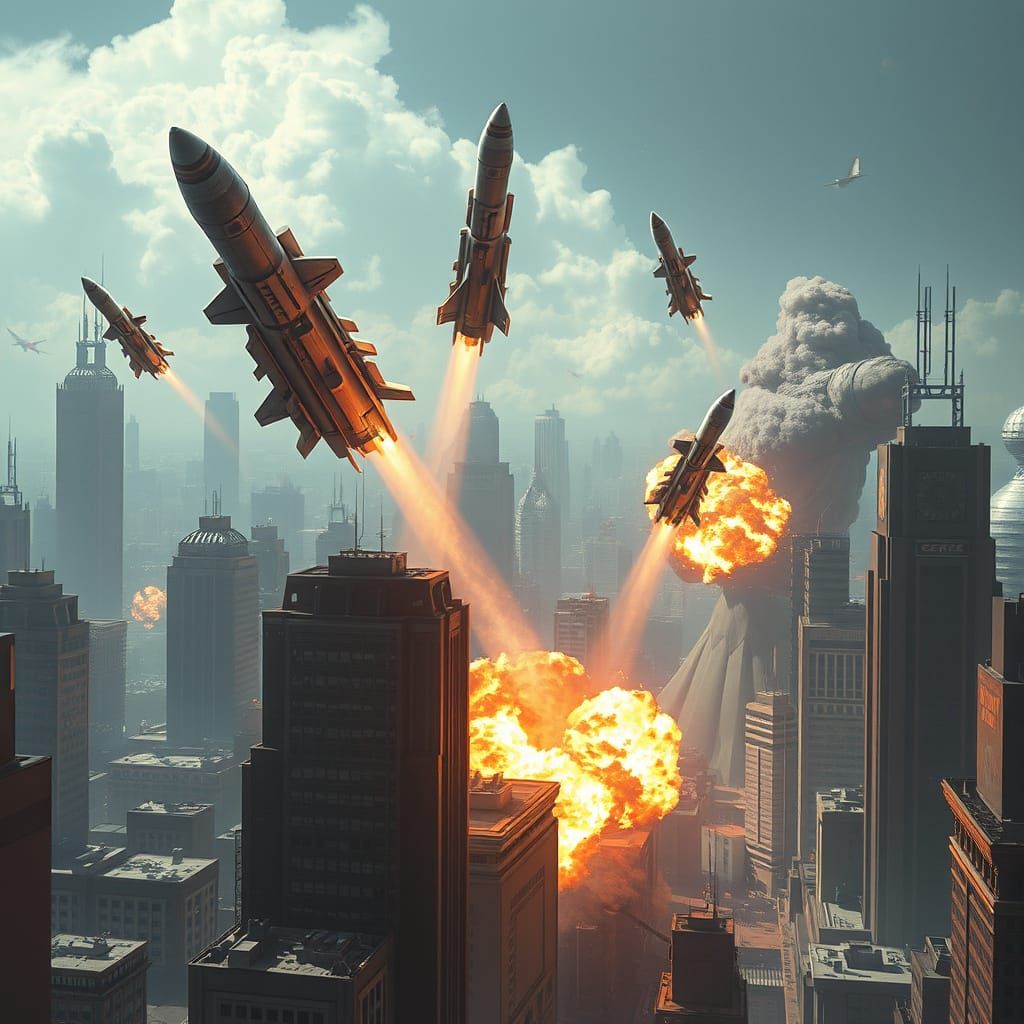 Metropolitan City Under Missile Attack in Futuristic Style