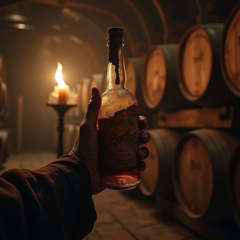 Weathered Pirate Holding a Rum Bottle in a Rustic Tavern