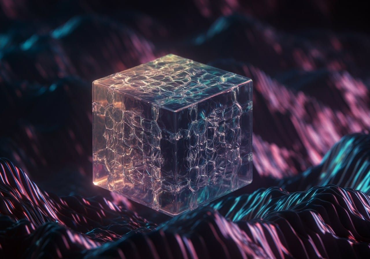 Translucent 3D Cube Sculpture with Digital Waves