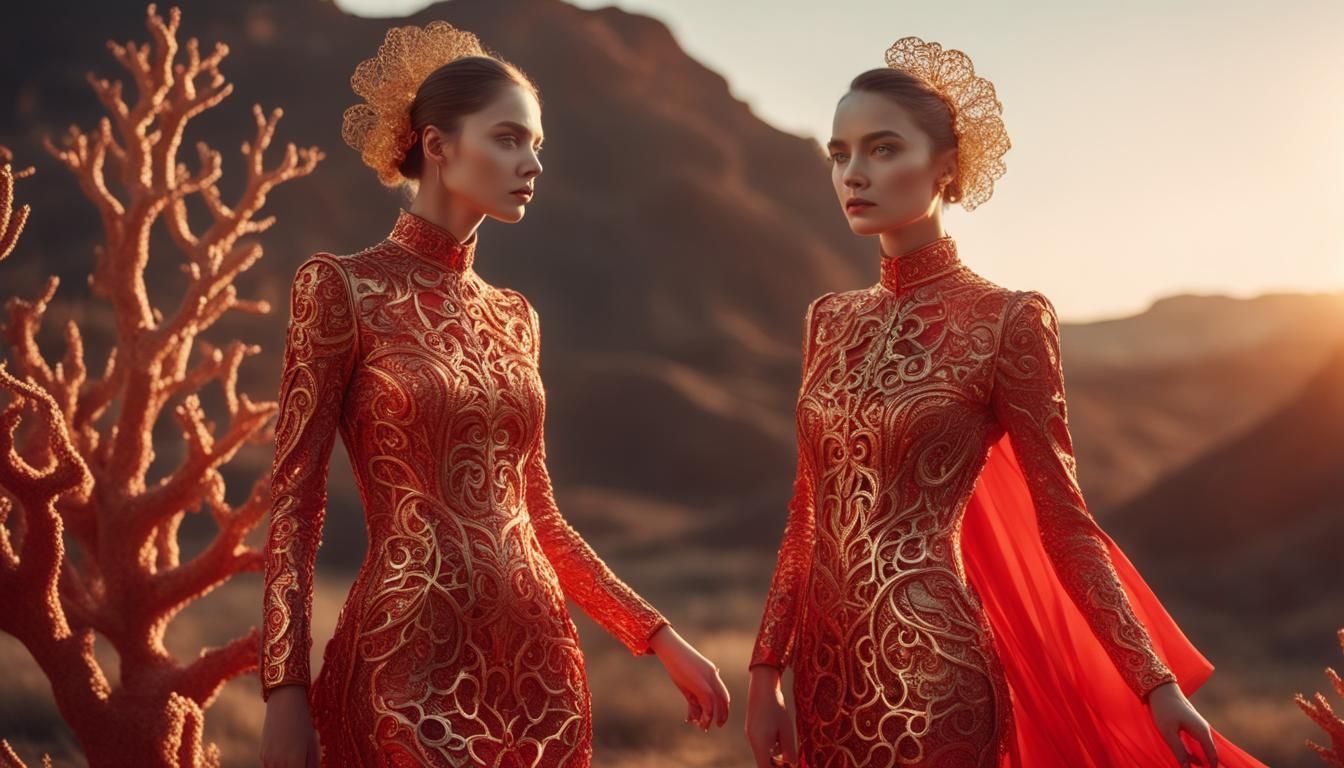 Futuristic Coral Dress in Golden Hour Lighting