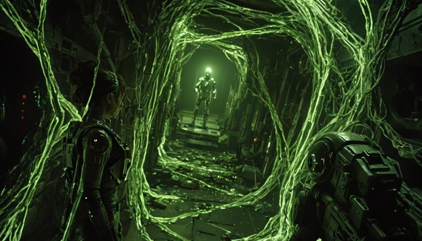 Astronaut and Droid in Dimly Lit Corridor