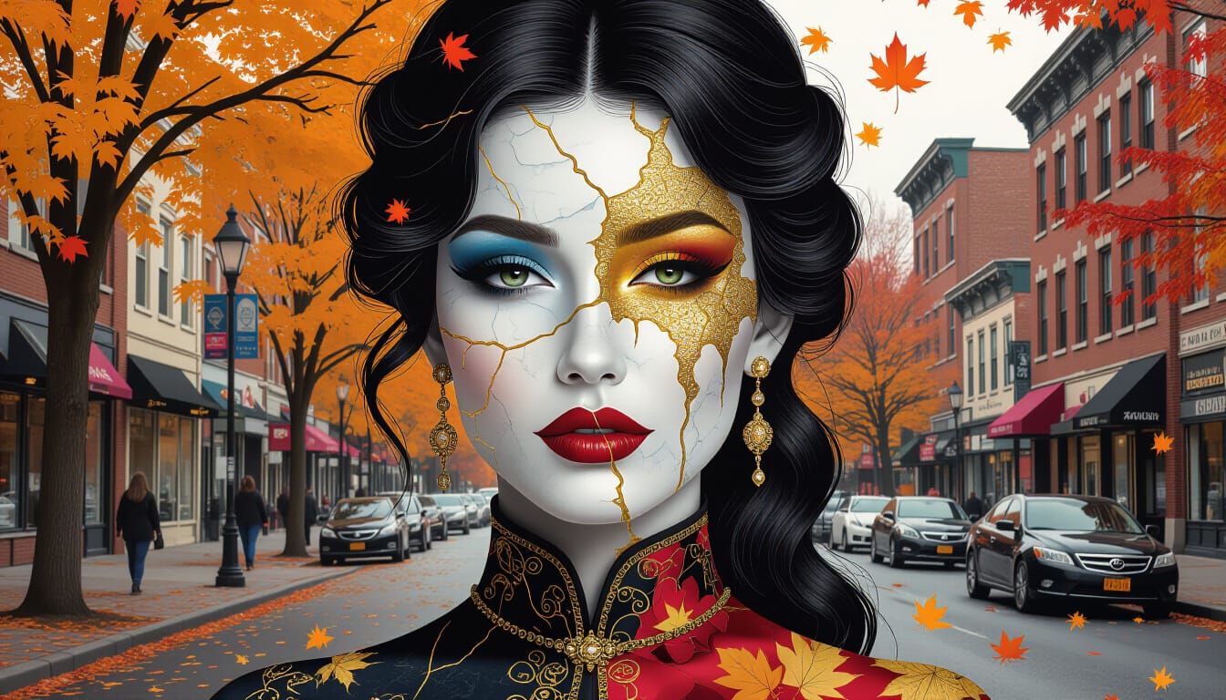 Maximalist Woman Silhouette with Kintsugi and Graffiti Art