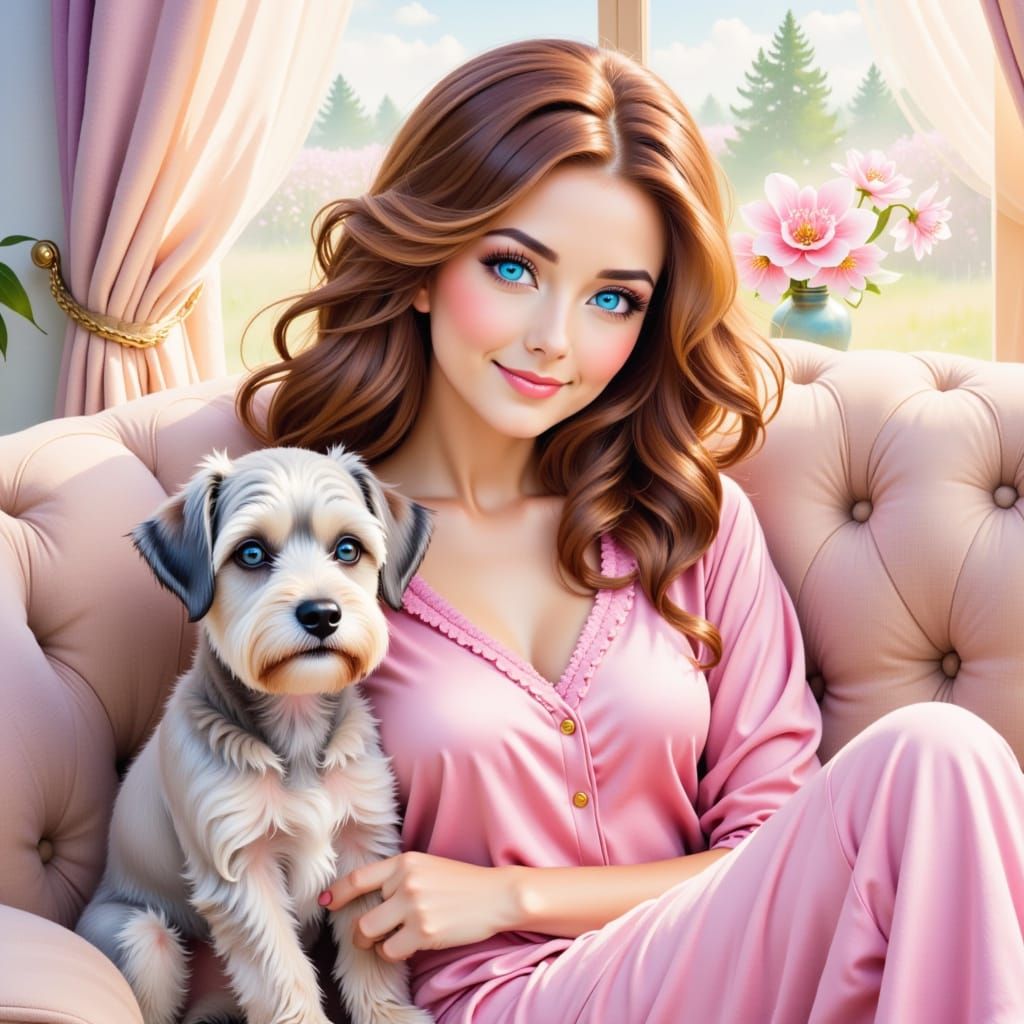 Woman and Schnauzer in Pajamas, Whimsical Watercolor