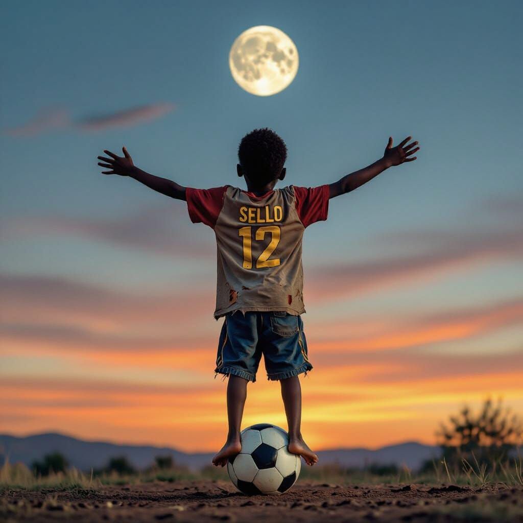 Boy Celebrates on Soccer Ball, Vibrant Art Style