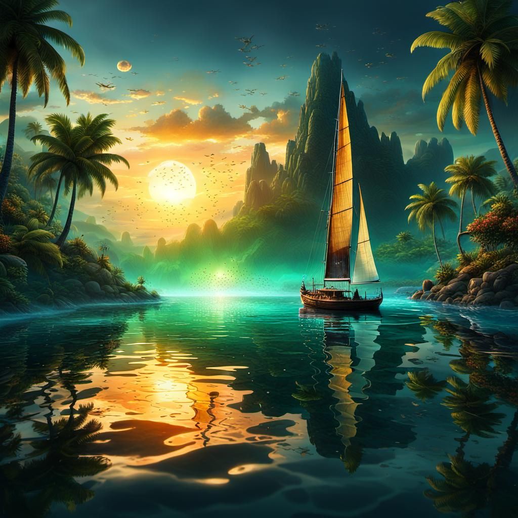 Spectacular Sunset Over Water with Sailboat