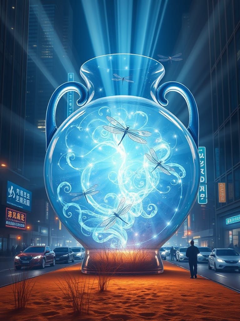 Ethereal Crystalline Vase with Neon Cityscape