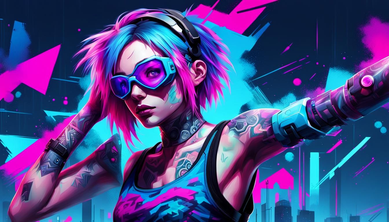 Cyberpunk Character with Electric Hair and Futuristic Tech