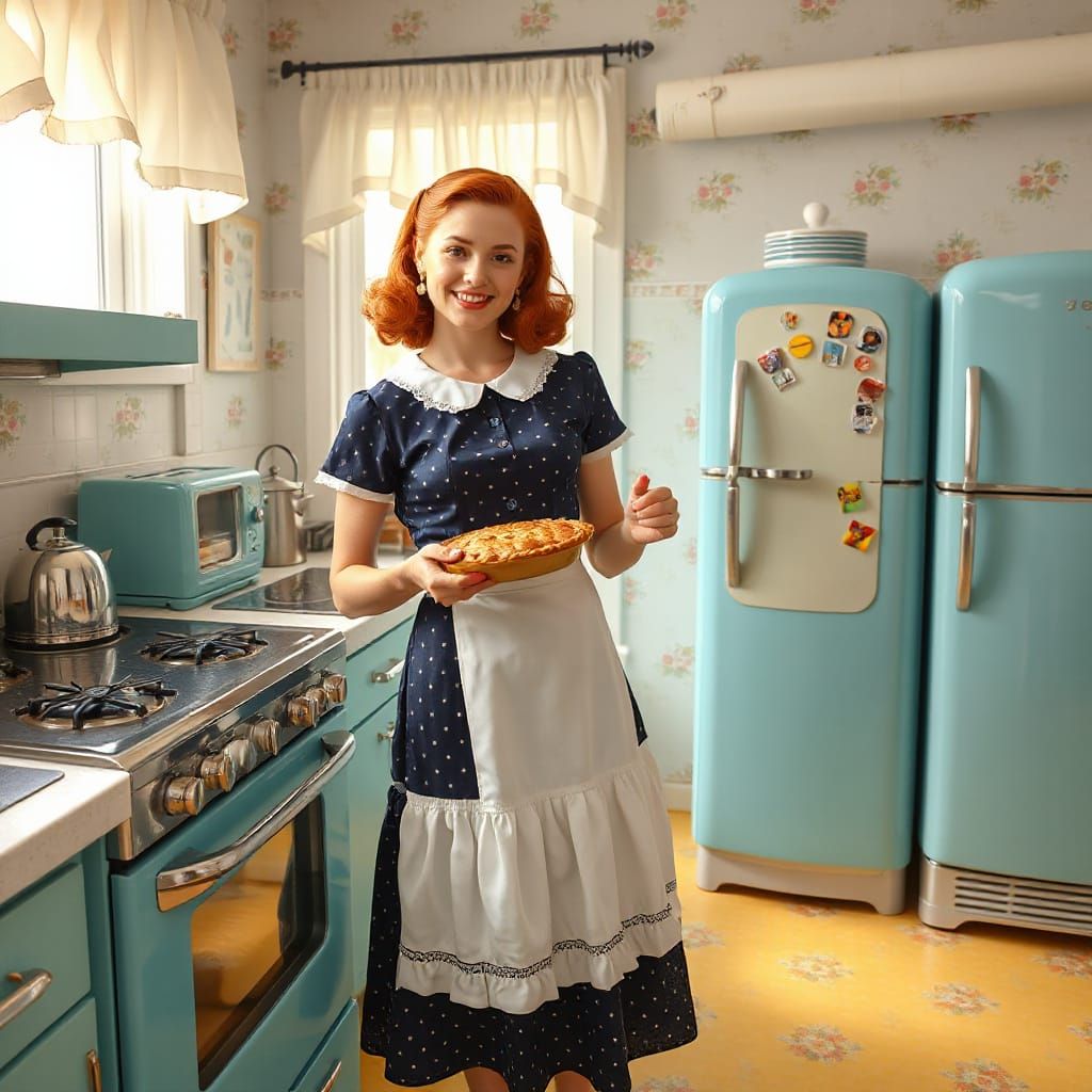 1950s Housewife Baking Cherry Pie in Kitchen