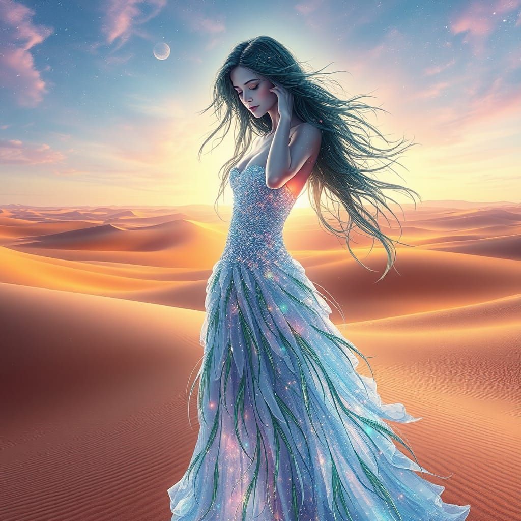 Crystalline Water Girl in Desert, Holographic Illustration