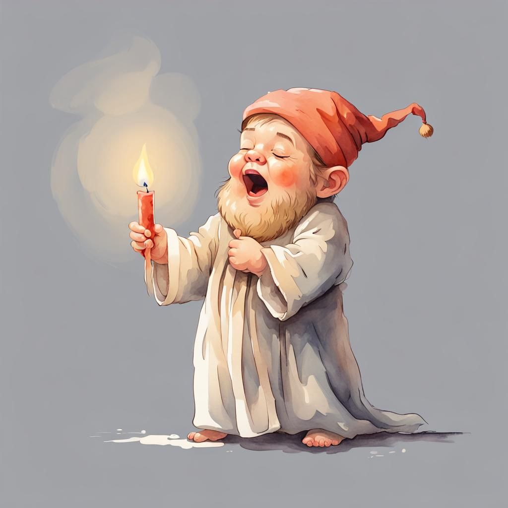 Cute Dwarf Yawning in Morning Gown: Watercolor