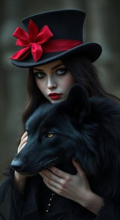 Realistic Photo: Woman in Top Hat with Wolf