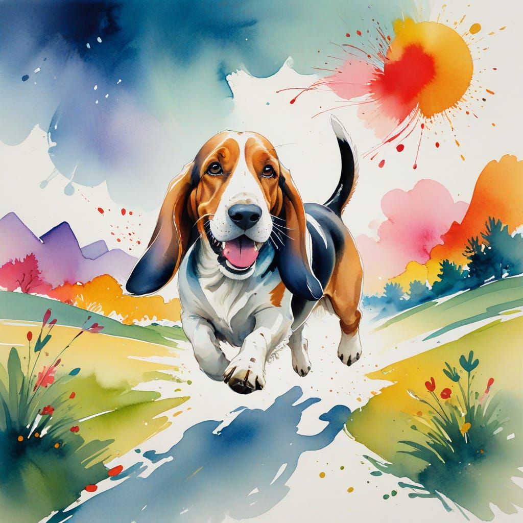 Playful Basset Hound Chasing Abstract Shape in Chinese Water...