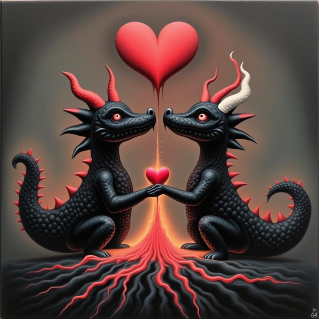 Demonic Crocodilian Couple Amidst Volcanic Hearts