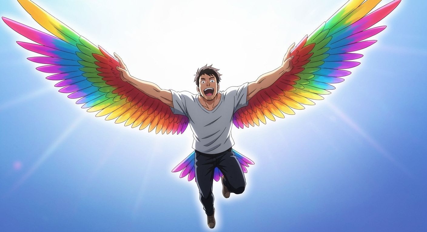Excited Man Flies With Rainbow Wings in Anime Style
