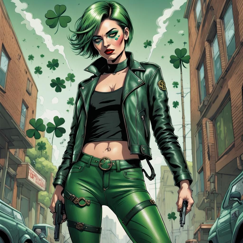 Green Haired Woman with Pistol, Comic Book Art