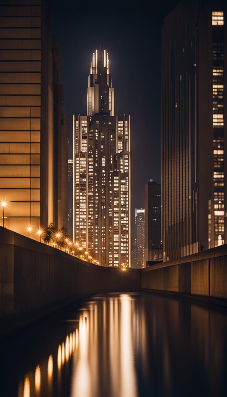 Brutalist Art Deco Skyline Reflected at Night