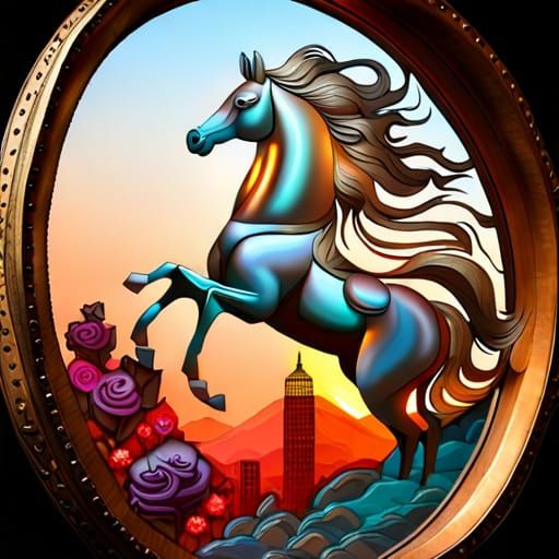 Neon Carousel Horse Leaping Through Mirrored Landscape