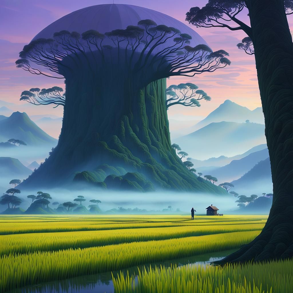 Lush Fantasy Landscape with Farmer in Golden Light