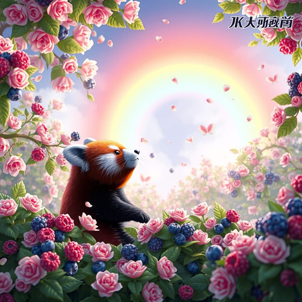 Red Panda Enjoys Rainbow in Lush Anime Forest