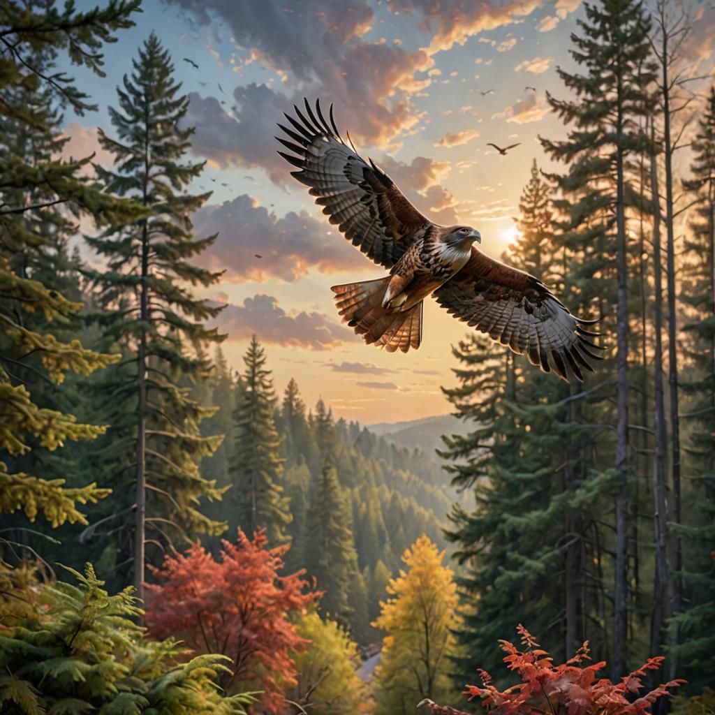 Red-Tailed Hawk Soaring in Dreamy Landscape