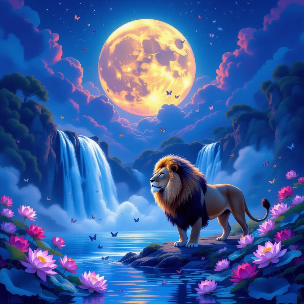 Majestic Lion by Waterfall Under Colorful Moon
