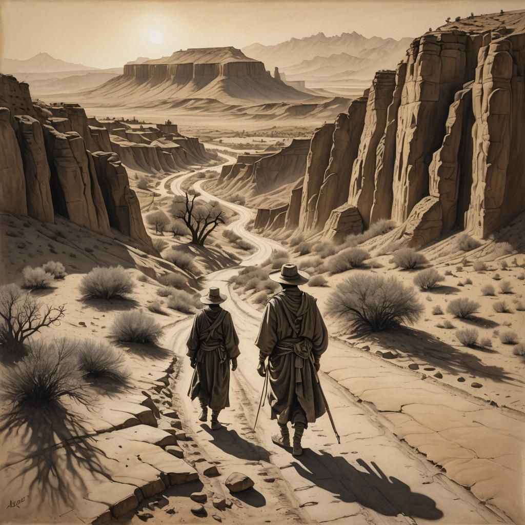 Charcoal Drawing of Lone Figure on Desert Road