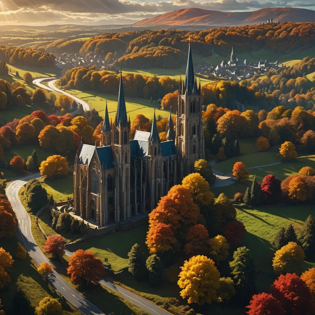 Gothic Cathedral in Autumn Landscape, Baroque Style