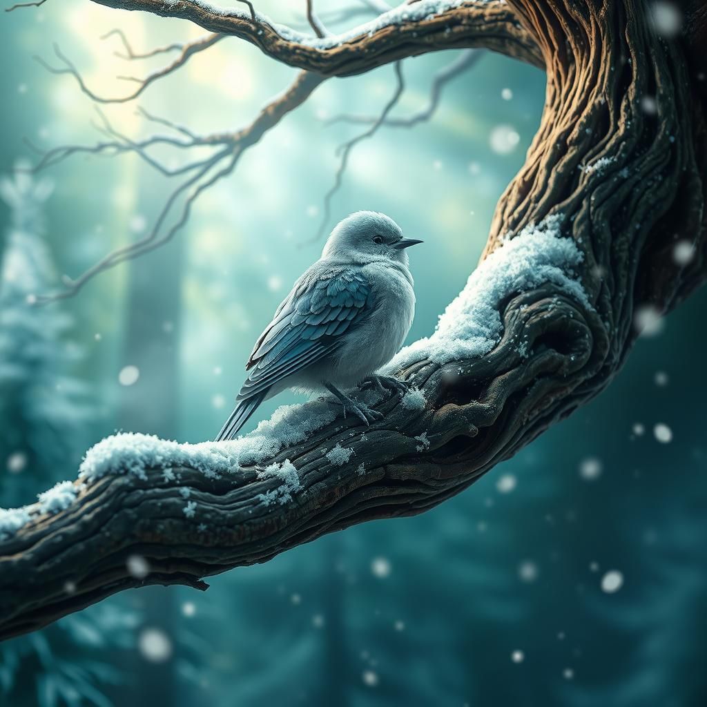 Frozen Bird in Mystical Winter Forest, Matte Painting