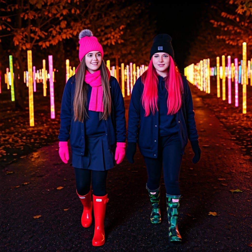 Sisters Explore Illuminated Art Gallery on Autumn Evening