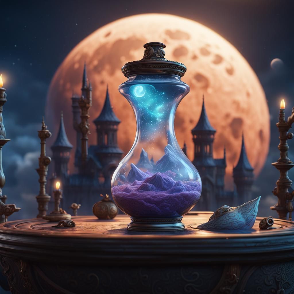 Potion Bottle Flight Before Moon, Detailed Matte Painting