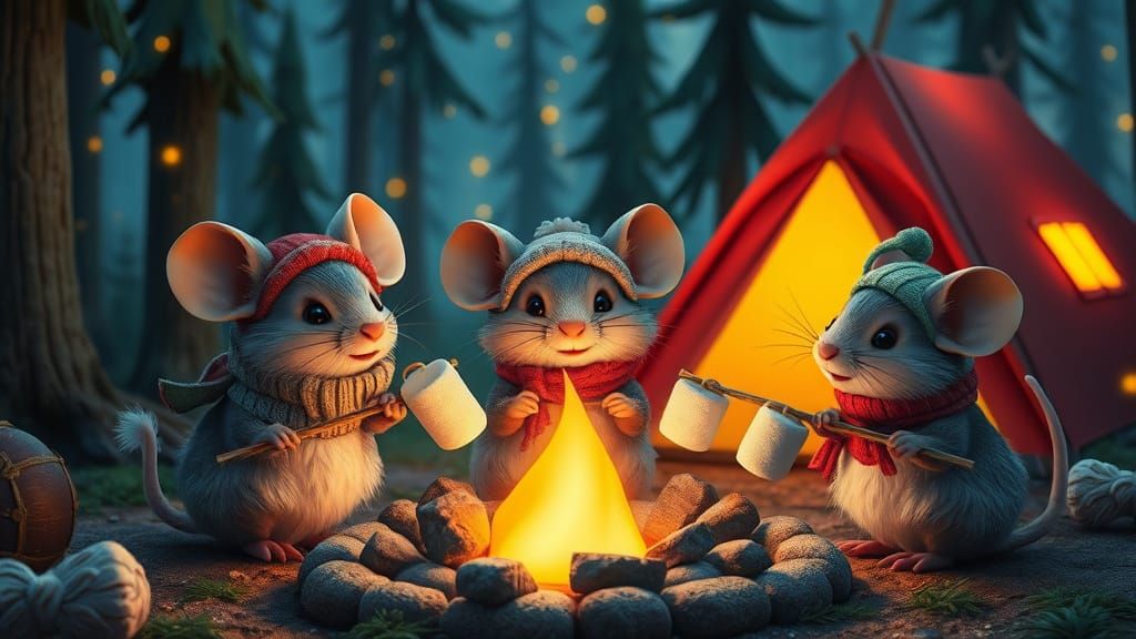 Mice Roast Marshmallows at Campfire in Whimsical 3D Style