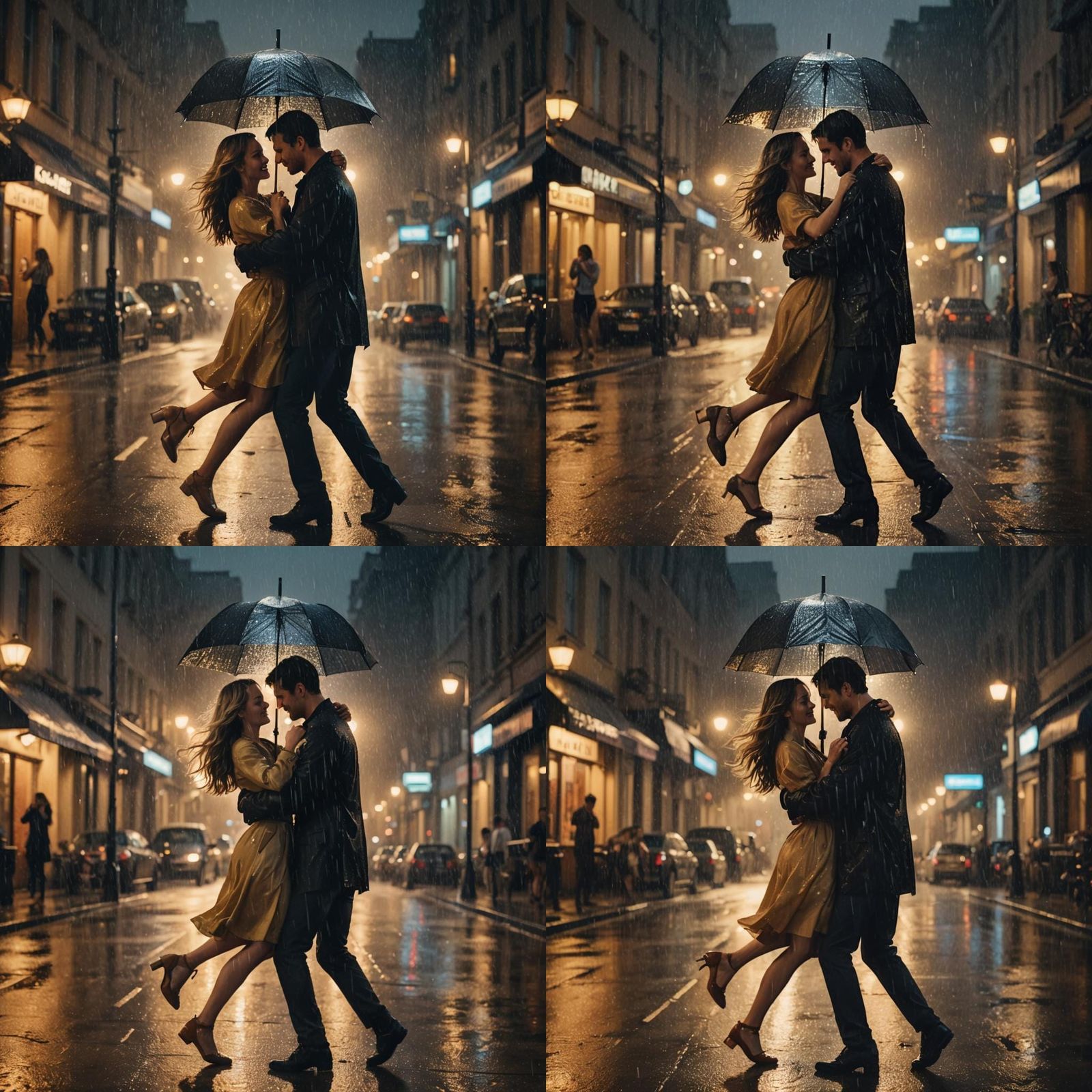 Romantic Couple Dancing in Rainy City Street: Cinematic Film