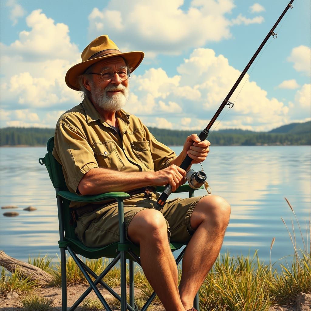 Rustic Lake Fishing Scene in Warm Realistic Style