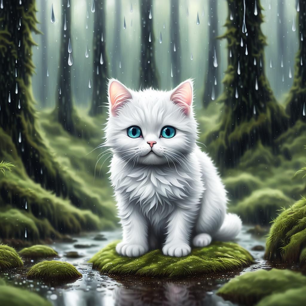 White Kitten in Rainy Forest: Hyperrealistic Digital Art