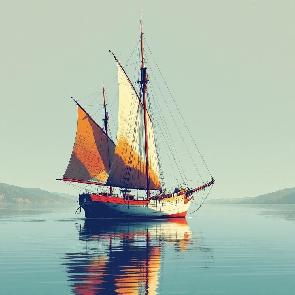 Sailing Ship in Risograph Print Style