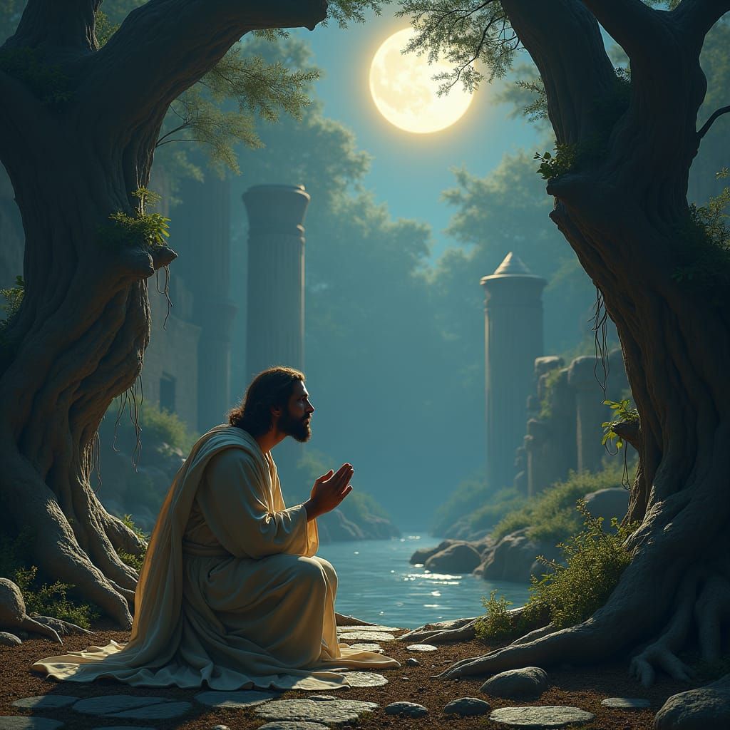 Jesus Kneels in Prayer Amidst Ancient Ruins