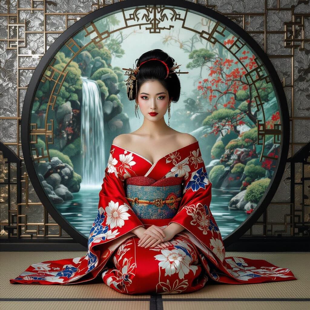 Japanese Woman in Kimono with Art Deco Zen Garden