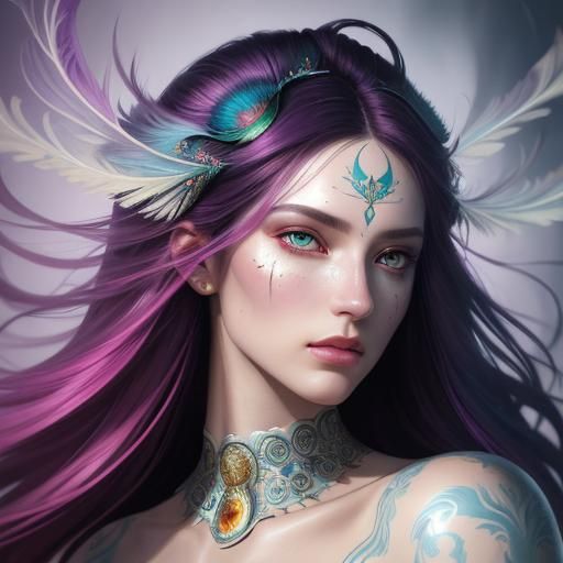 Peacock Feather Woman Portrait in Oil and Watercolor