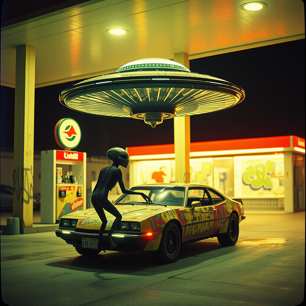 Alien Spaceship at Gas Station in Cinematic Style