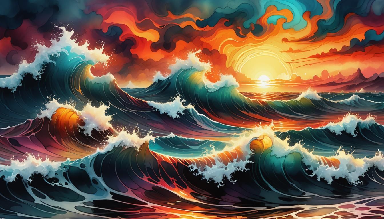 Insanely gorgeous intricate landscape of a wavy stormy burning sea,
