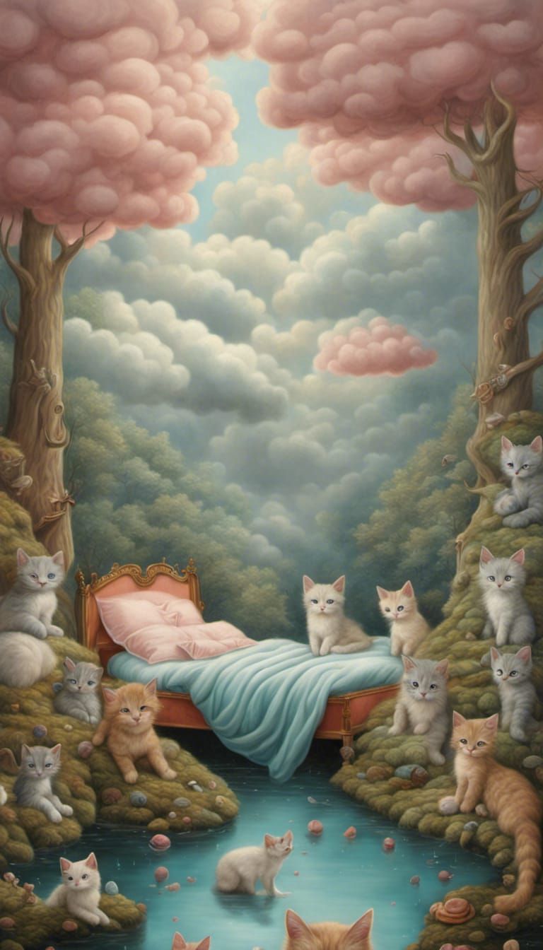 Surreal Kitten Bedroom in Misty Forest, Fantasy Illustration