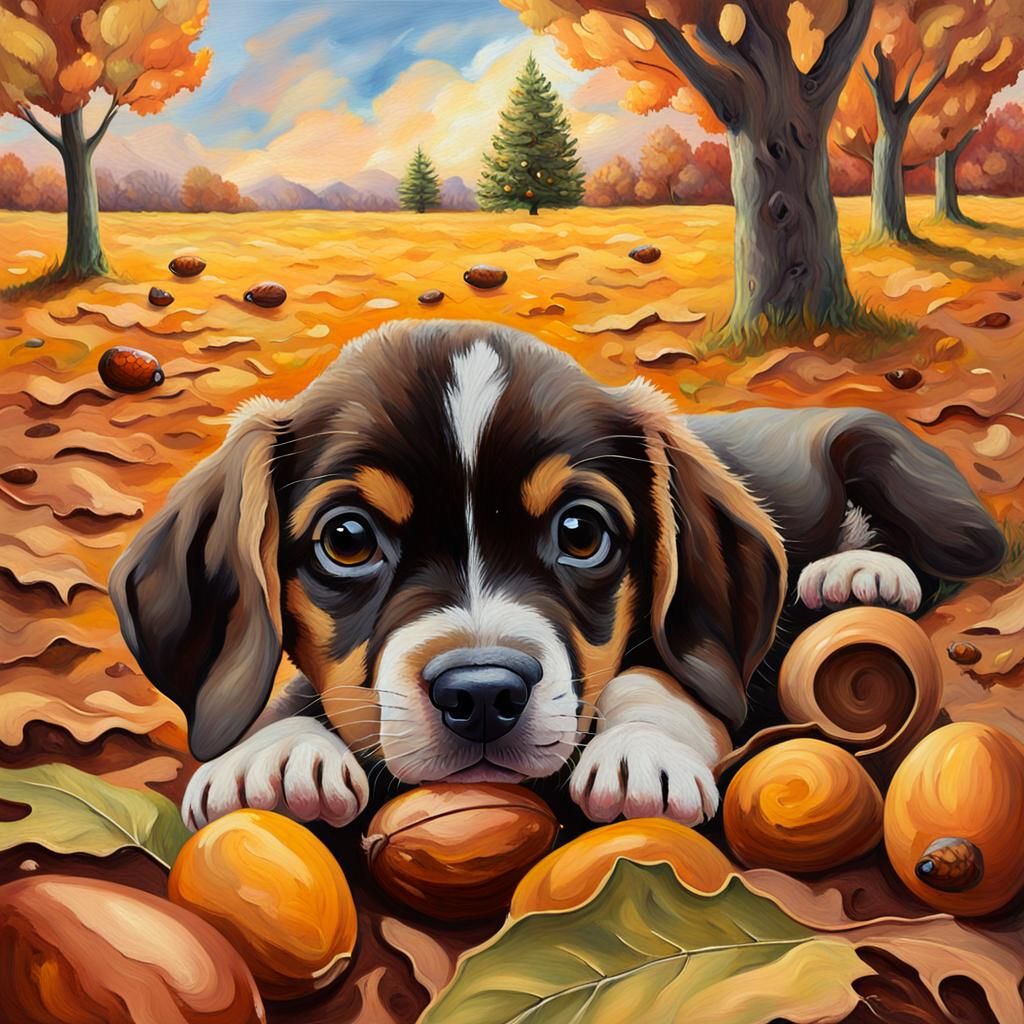 Vibrant Oil Painting of Giant Acorn with Swirling Leaves, Br...