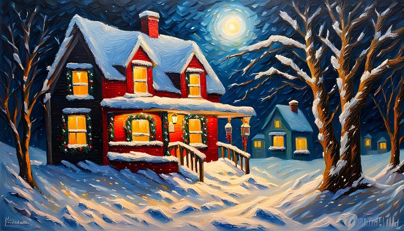 Magical Christmas Blizzard Night in Impasto Oil Painting