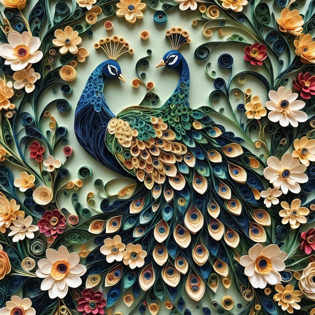 Peacock in Paper Quilling Flowery Garden