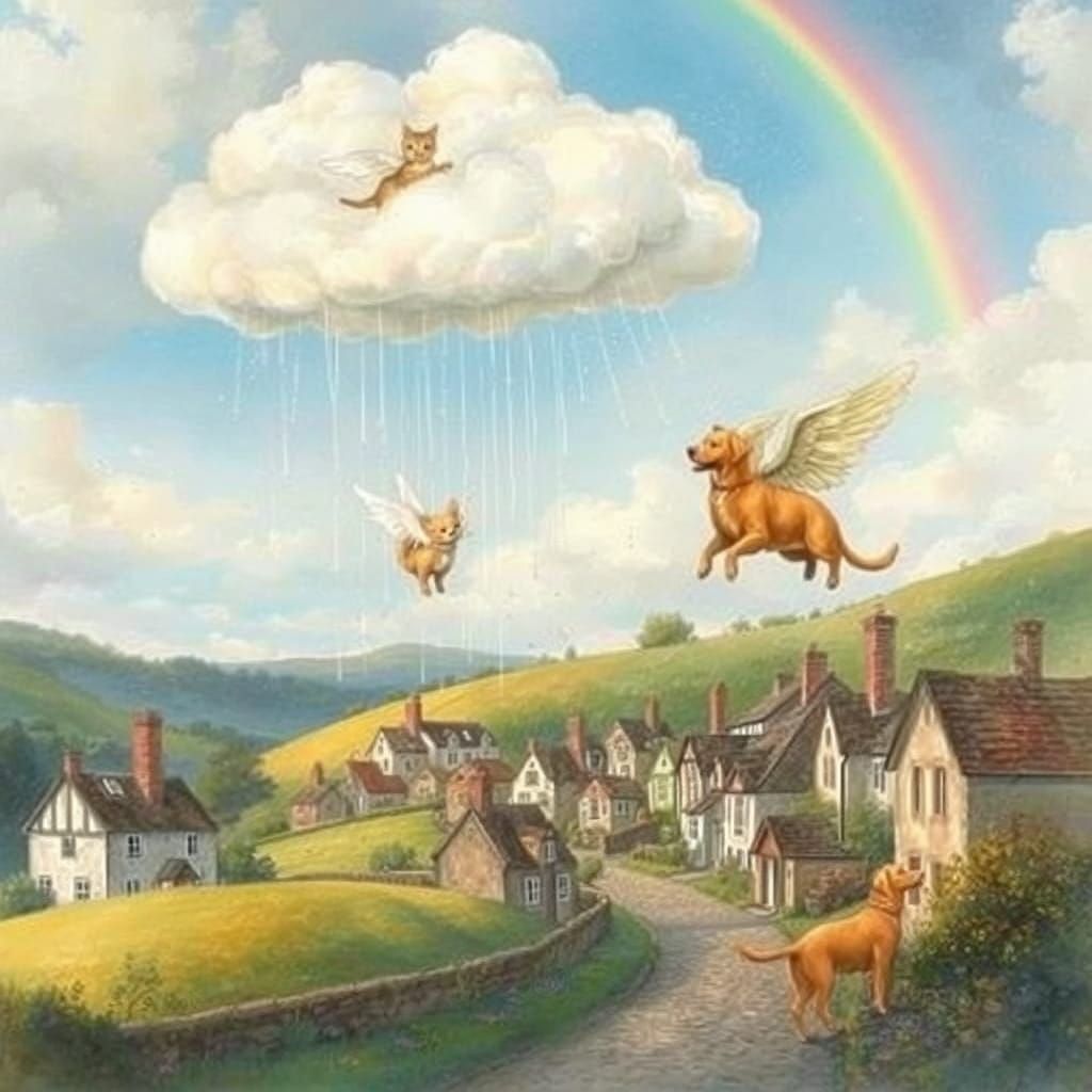 Fluffy Cloud Rains Winged Cats & Dogs on Village