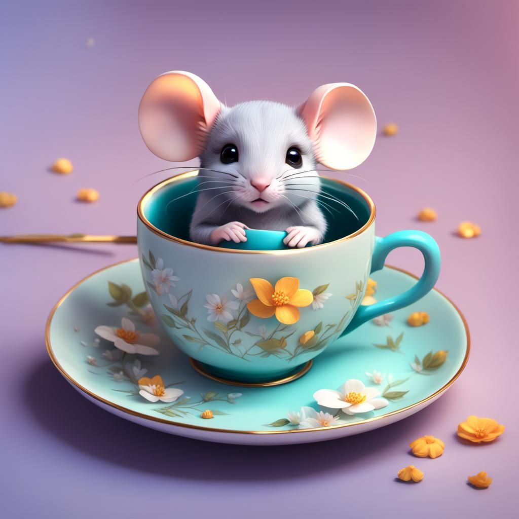 Cute Mouse in Teacup: 3D Anime Art