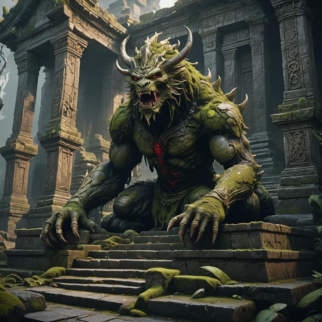 Epic Fantasy Creature Defeated at Ancient Temple