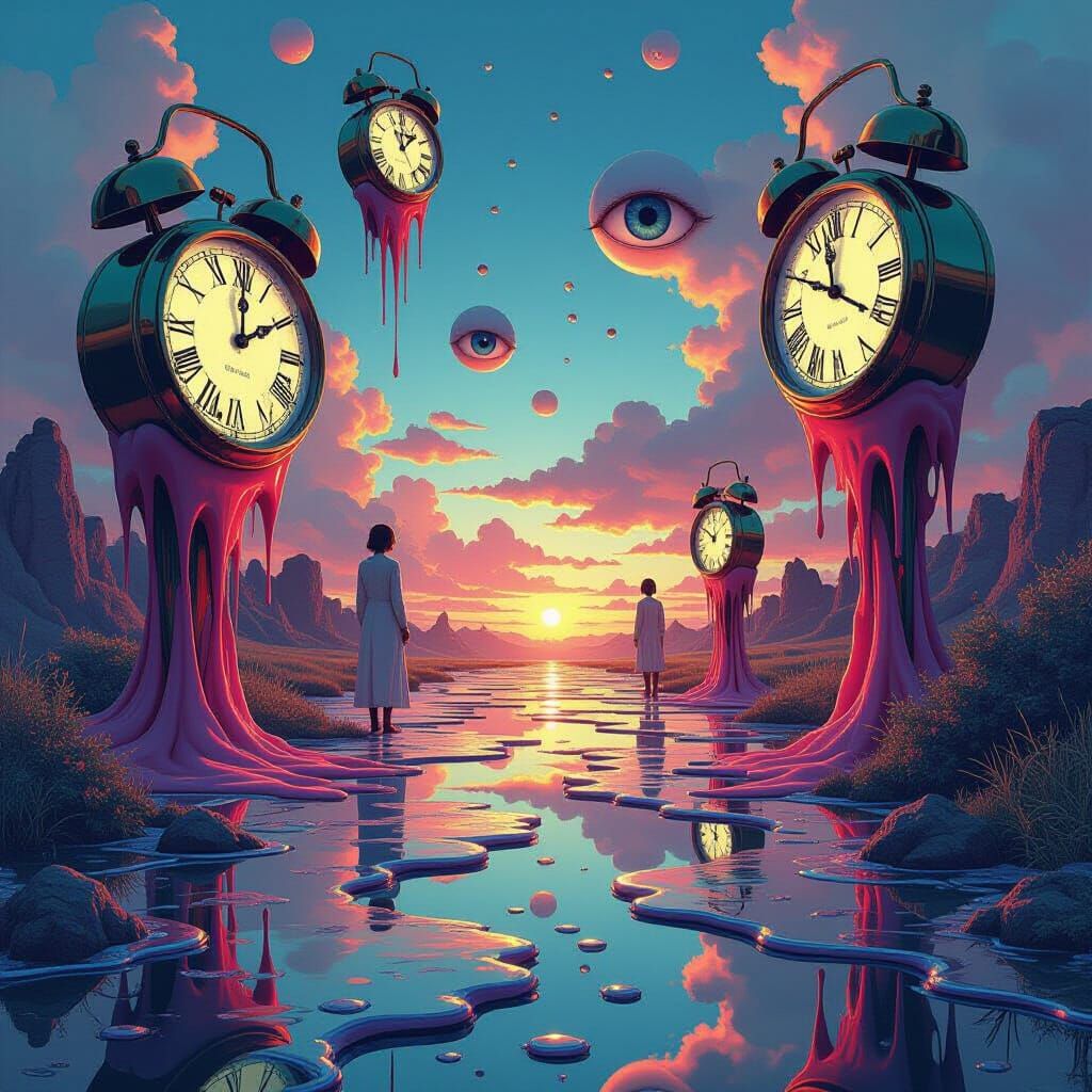 Surreal Dreamscape with Melting Clocks in Anime Style